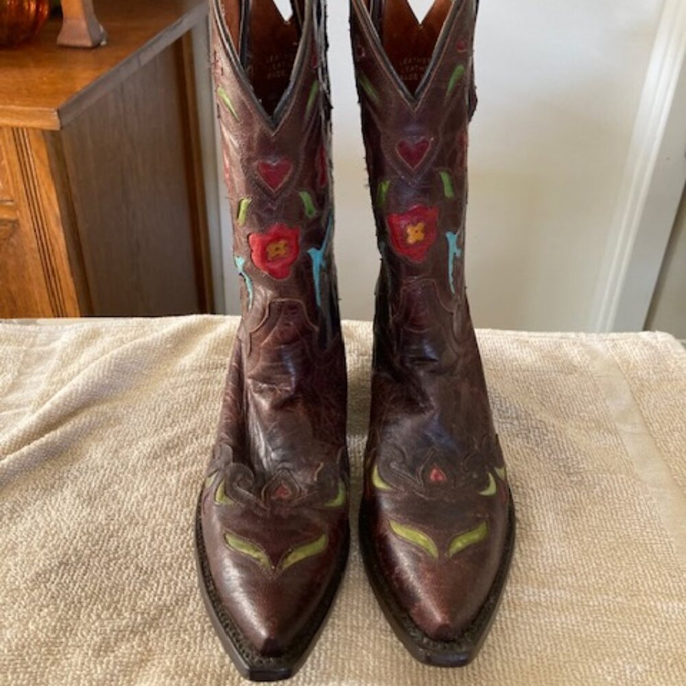 BRAND NEW, NEVER USED DAN POST Women's Sz 7.5 LEATHER FLORAL INLAY BOOTS 52138